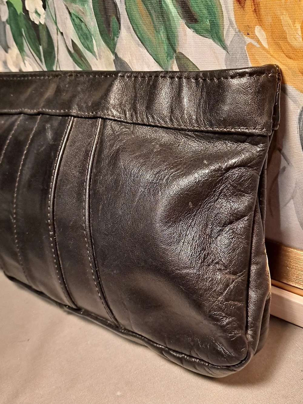 Excel Vintage Mid-century Modern 70s Black Leather Pleated Wristlet Clutch